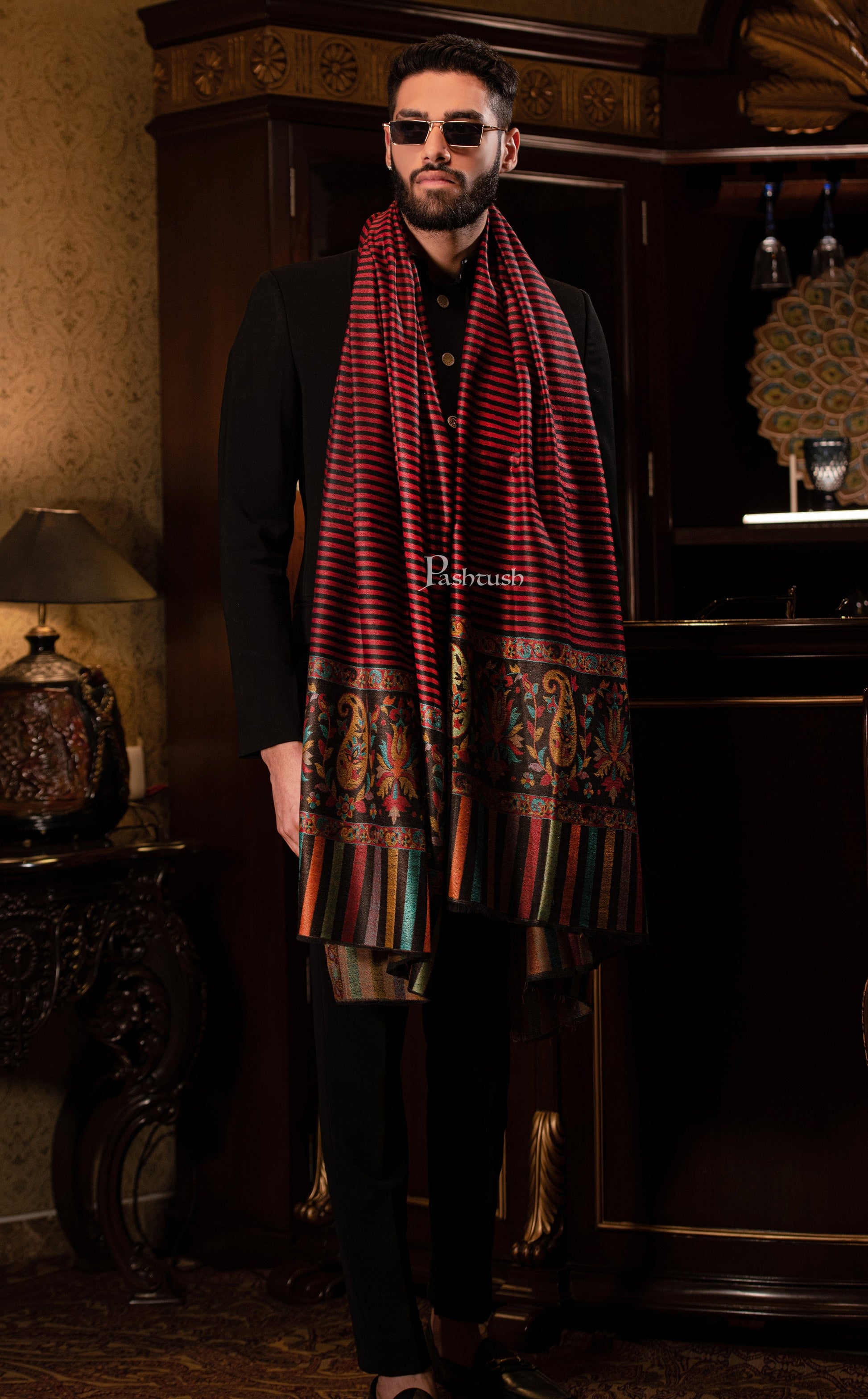 Pashtush India Gift Pack Pashtush His and Her Gift Set of Fine Wool Mens Stole and Womens Shawl with Woven Palla Design