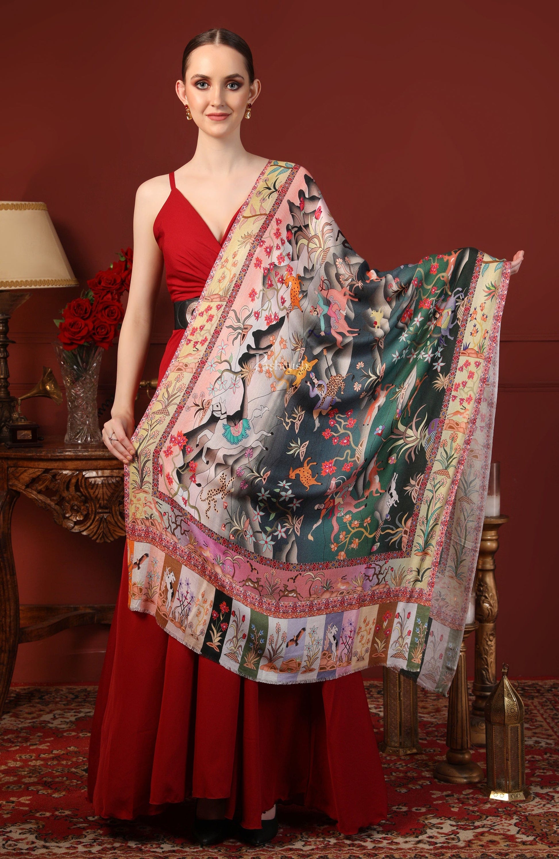 Pashtush India Gift Pack Pashtush His and Her Gift Set of Fine Wool Mens Stole with Womens Soft Printed Bamboo Shikaardar Stole, Bottle Green and Multicolour