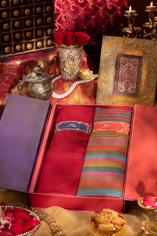 Pashtush India Gift Pack Pashtush His And Her Gift Set Of Fine Wool Self Stole and Striped Stole With Premium Gift Box Packaging, Maroon and Multicolour
