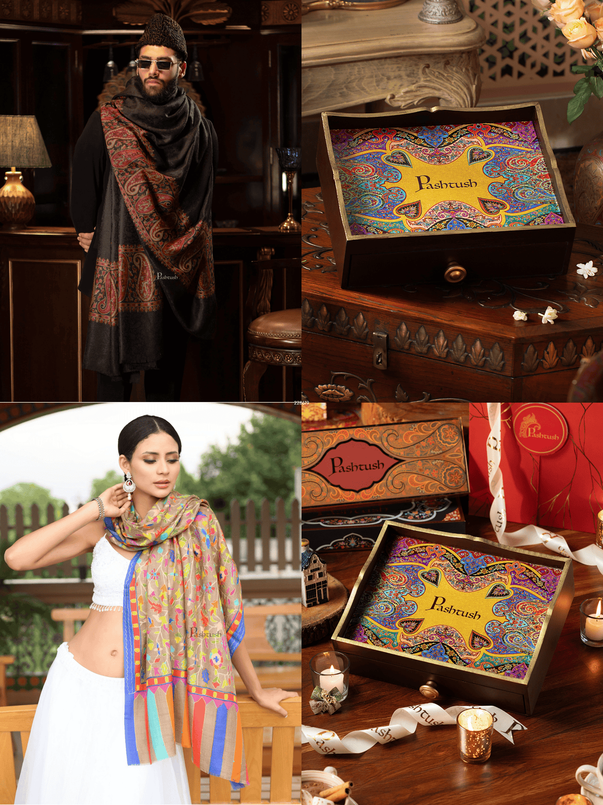 Pashtush India Gift Pack Pashtush His and Her Gift Set of Fine Wool Shawls, Black and Multicolour, Packaged in Keepsake Wooden Chester Gift Box