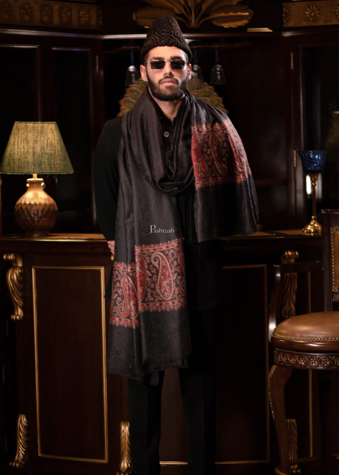 Pashtush India Gift Pack Pashtush His and Her Gift Set of Fine Wool Shawls, Black and Multicolour, Packaged in Keepsake Wooden Chester Gift Box
