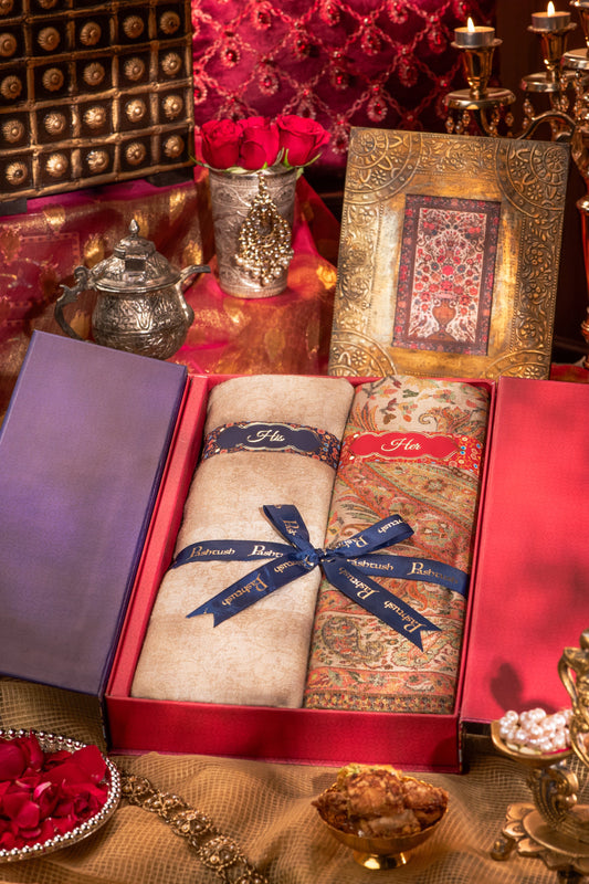 Pashtush India Gift Pack Pashtush His And Her Gift Set Of Fine Wool Stole And Bamboo Woven Ethnic Stole With Premium Gift Box Packaging, Beige and Multicolour