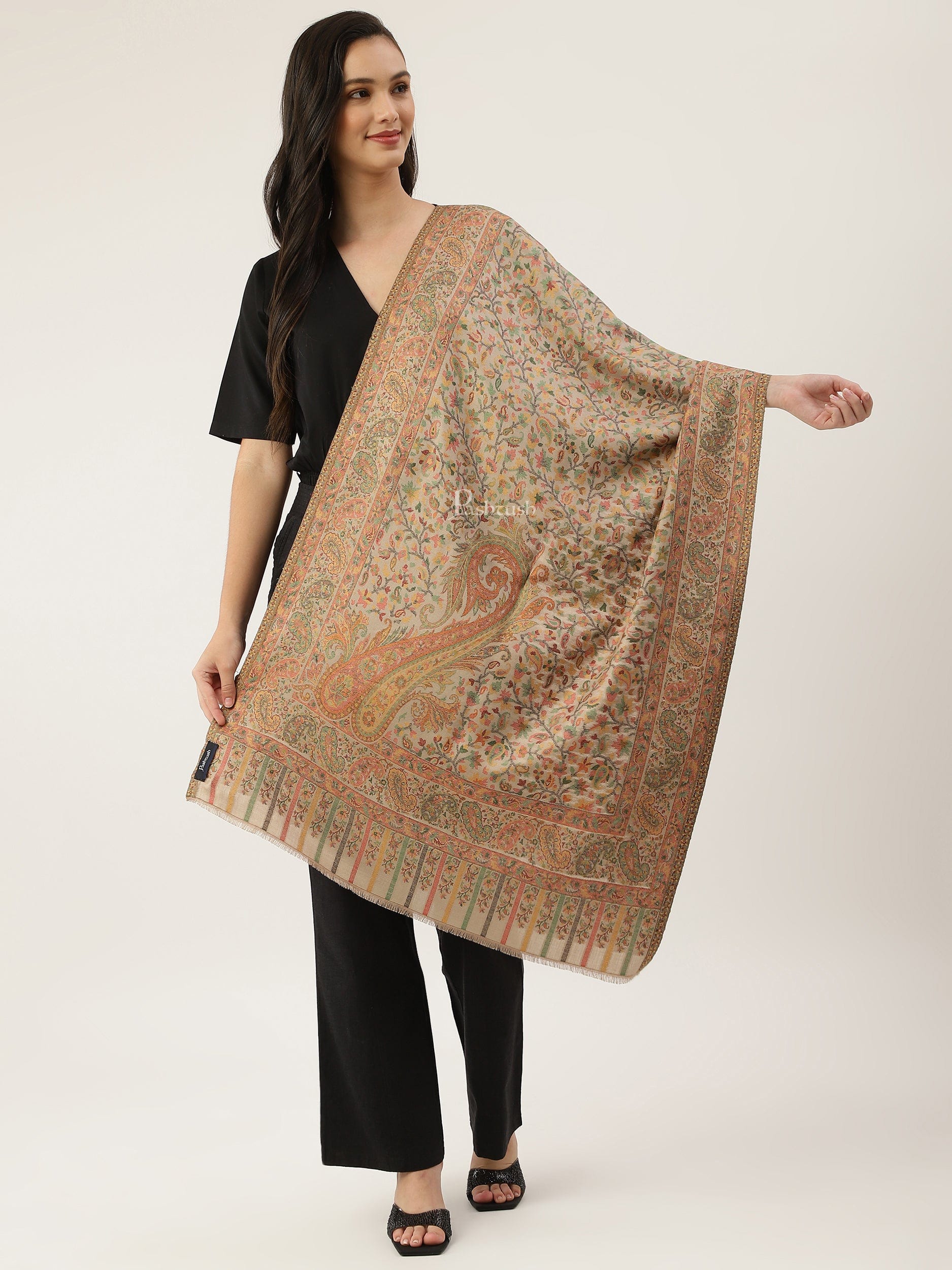Pashtush India Gift Pack Pashtush His And Her Gift Set Of Fine Wool Stole And Bamboo Woven Ethnic Stole With Premium Gift Box Packaging, Beige and Multicolour