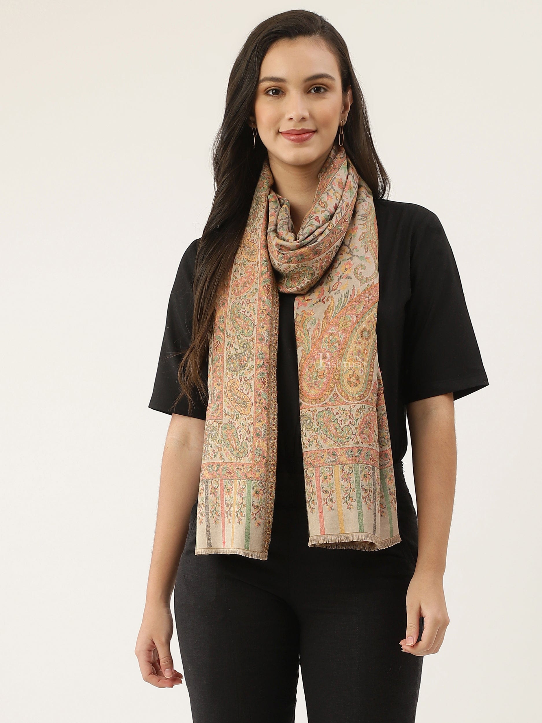 Pashtush India Gift Pack Pashtush His And Her Gift Set Of Fine Wool Stole And Bamboo Woven Ethnic Stole With Premium Gift Box Packaging, Beige and Multicolour