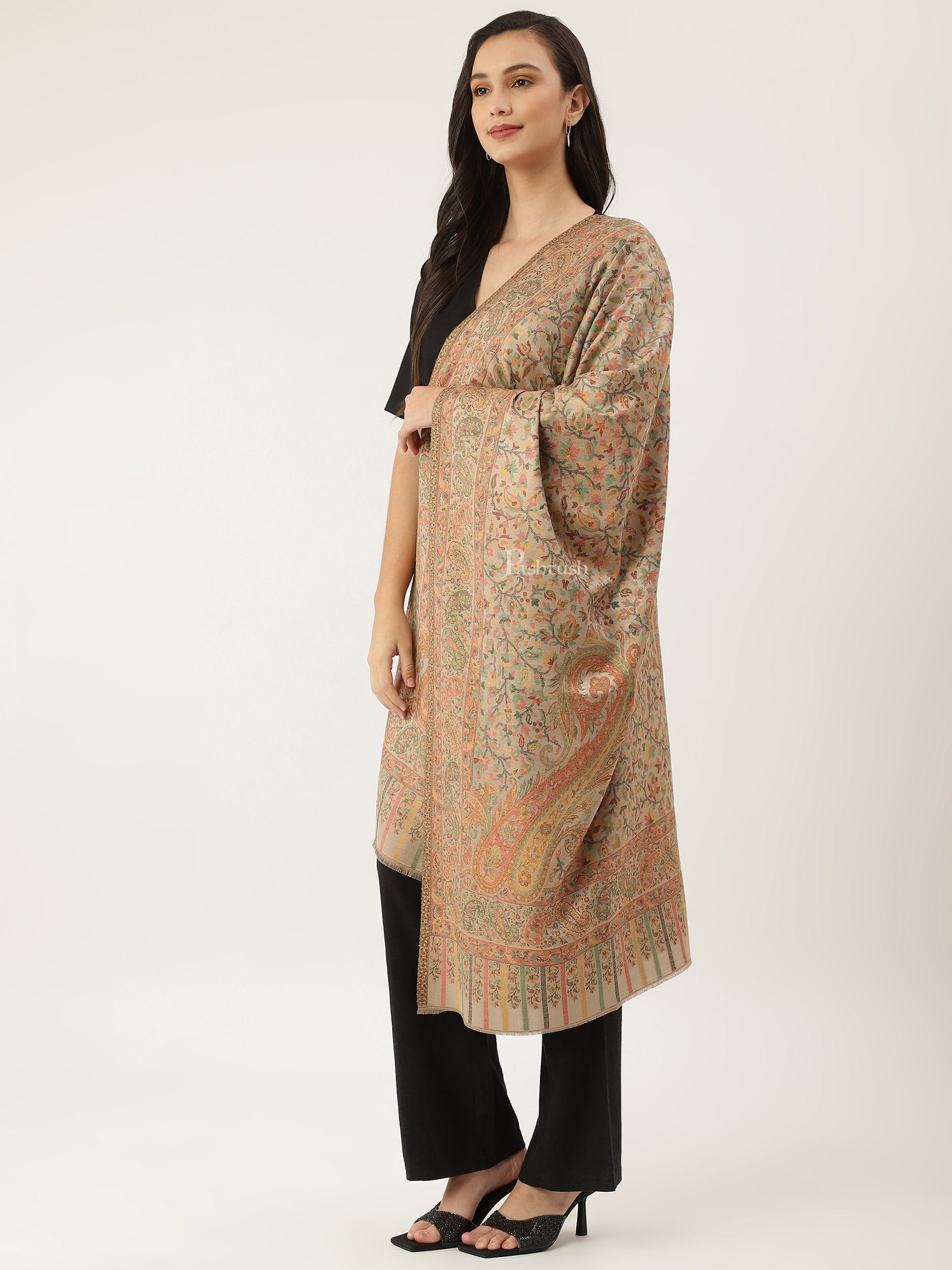 Pashtush India Gift Pack Pashtush His And Her Gift Set Of Fine Wool Stole And Bamboo Woven Ethnic Stole With Premium Gift Box Packaging, Beige and Multicolour