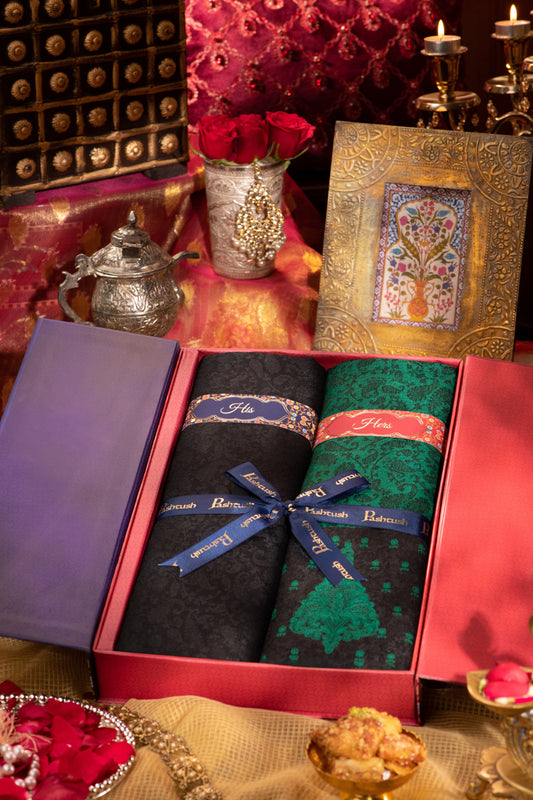 Pashtush India Gift Pack Pashtush His And Her Gift Set Of Fine Wool Stole and Embroidery Shawl With Premium Gift Box Packaging, Black and Green