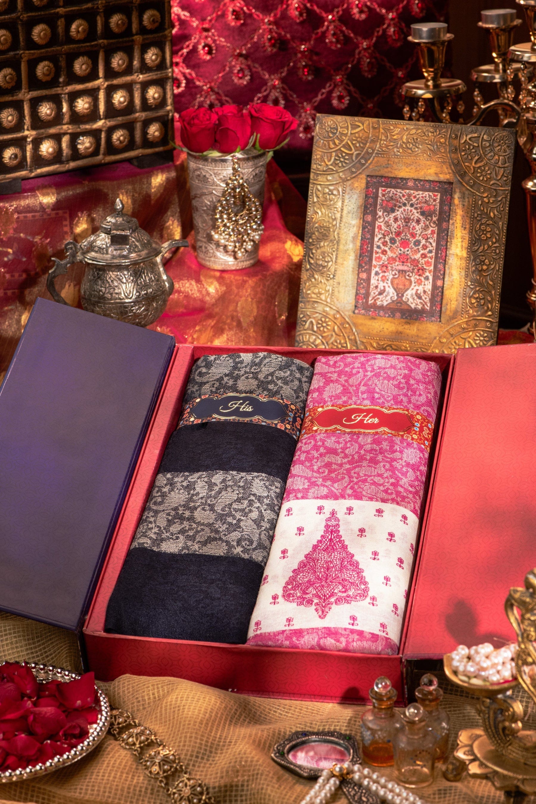 Pashtush India Gift Pack Pashtush His And Her Gift Set Of Fine Wool Stole and Embroidery Shawl With Premium Gift Box Packaging, Navy Blue and Majenta