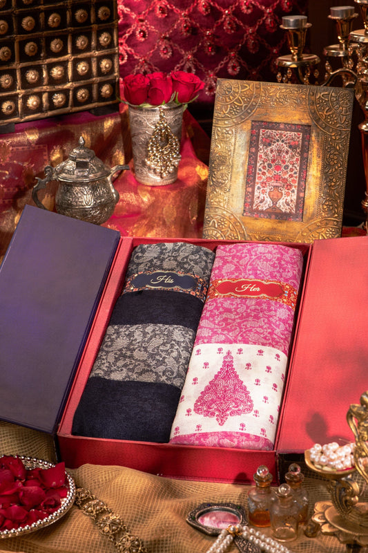 Pashtush India Gift Pack Pashtush His And Her Gift Set Of Fine Wool Stole and Embroidery Shawl With Premium Gift Box Packaging, Navy Blue and Majenta
