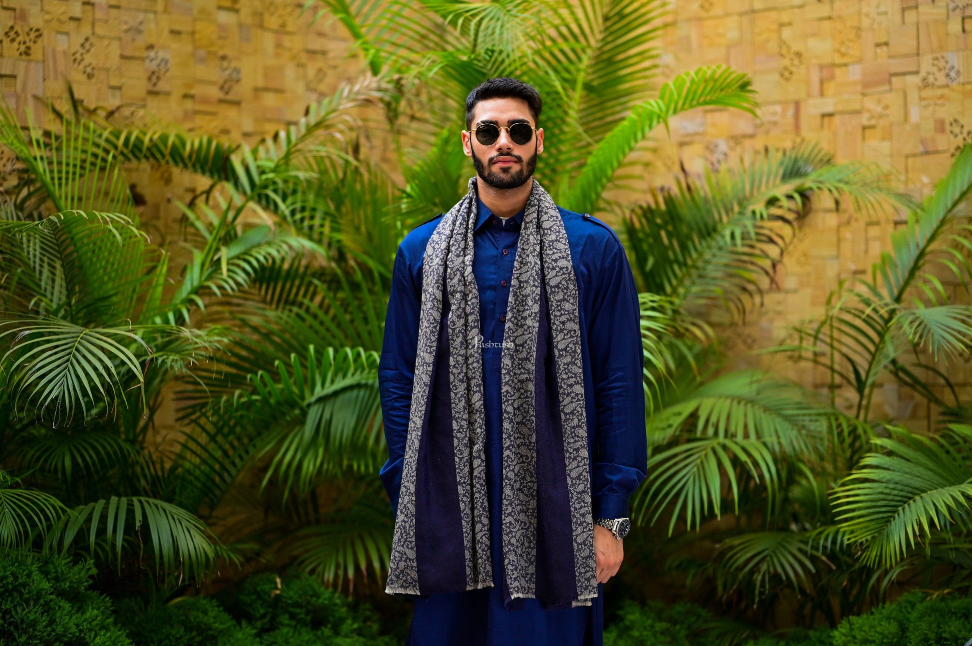 Pashtush India Gift Pack Pashtush His And Her Gift Set Of Fine Wool Stole and Embroidery Shawl With Premium Gift Box Packaging, Navy Blue and Majenta