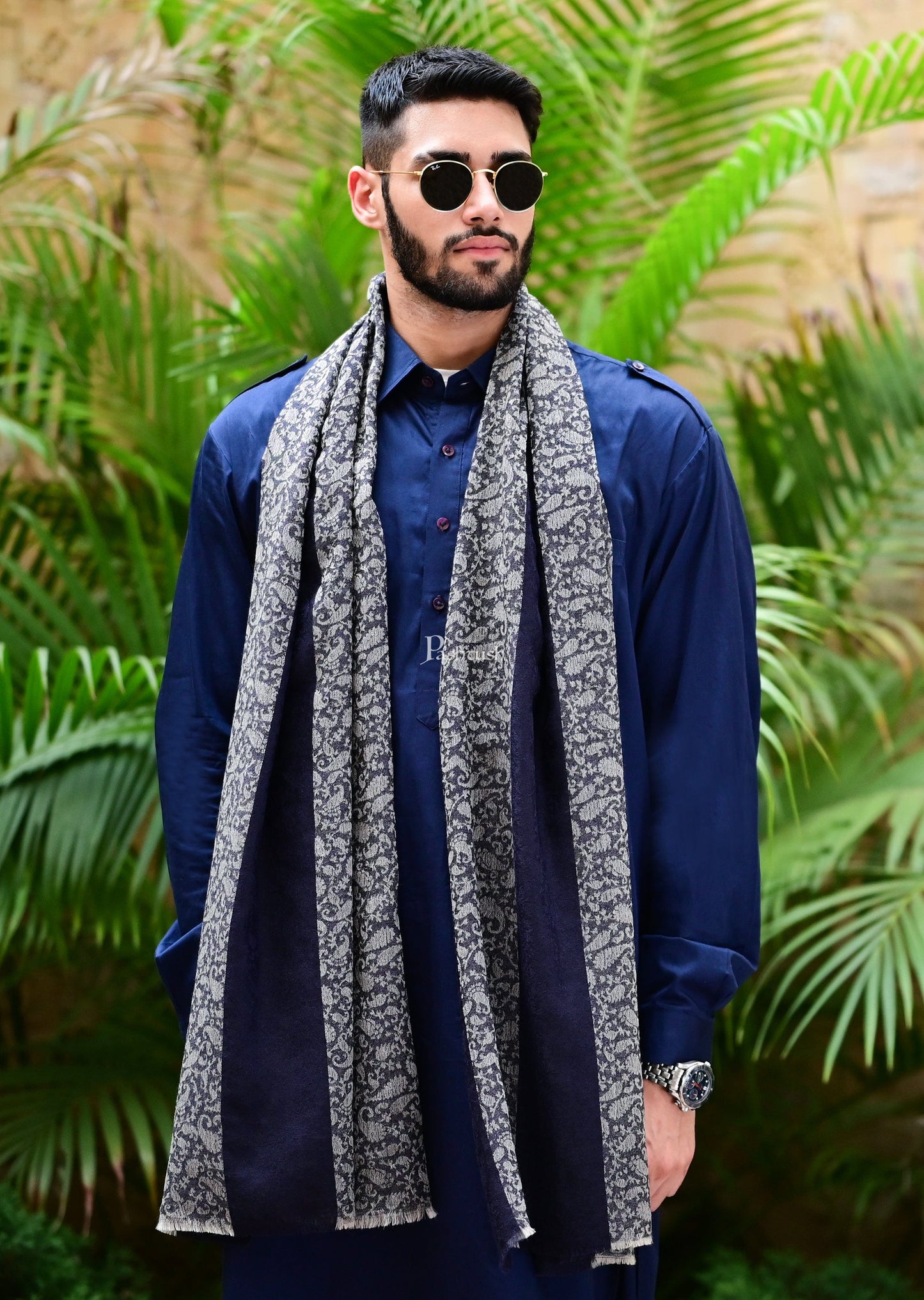 Pashtush India Gift Pack Pashtush His And Her Gift Set Of Fine Wool Stole and Embroidery Shawl With Premium Gift Box Packaging, Navy Blue and Majenta