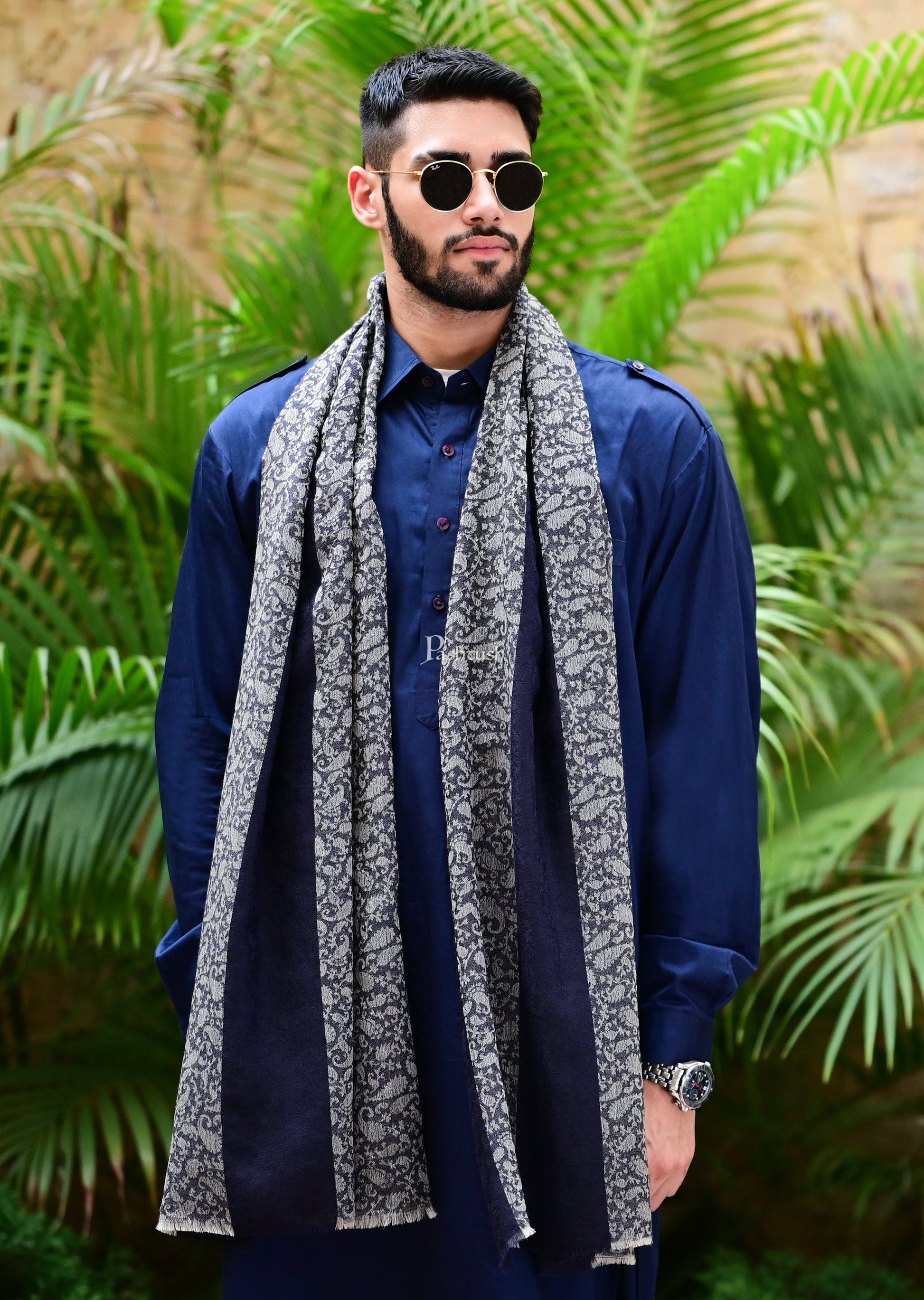 Pashtush India Gift Pack Pashtush His And Her Gift Set Of Fine Wool Stole and Embroidery Shawl With Premium Gift Box Packaging, Navy Blue and Majenta