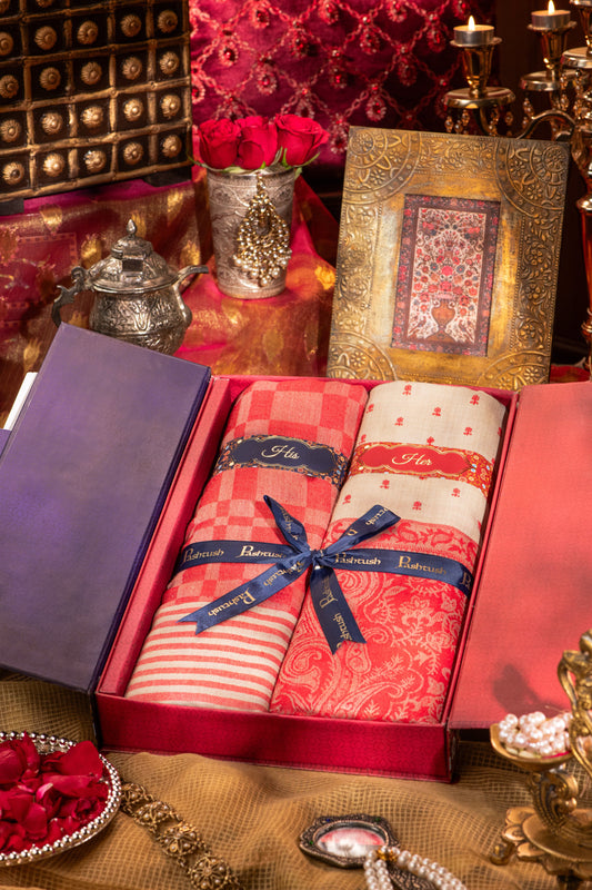 Pashtush India Gift Pack Pashtush His And Her Gift Set Of Fine Wool Stole and Embroidery Shawl With Premium Gift Box Packaging, Rose and Beige