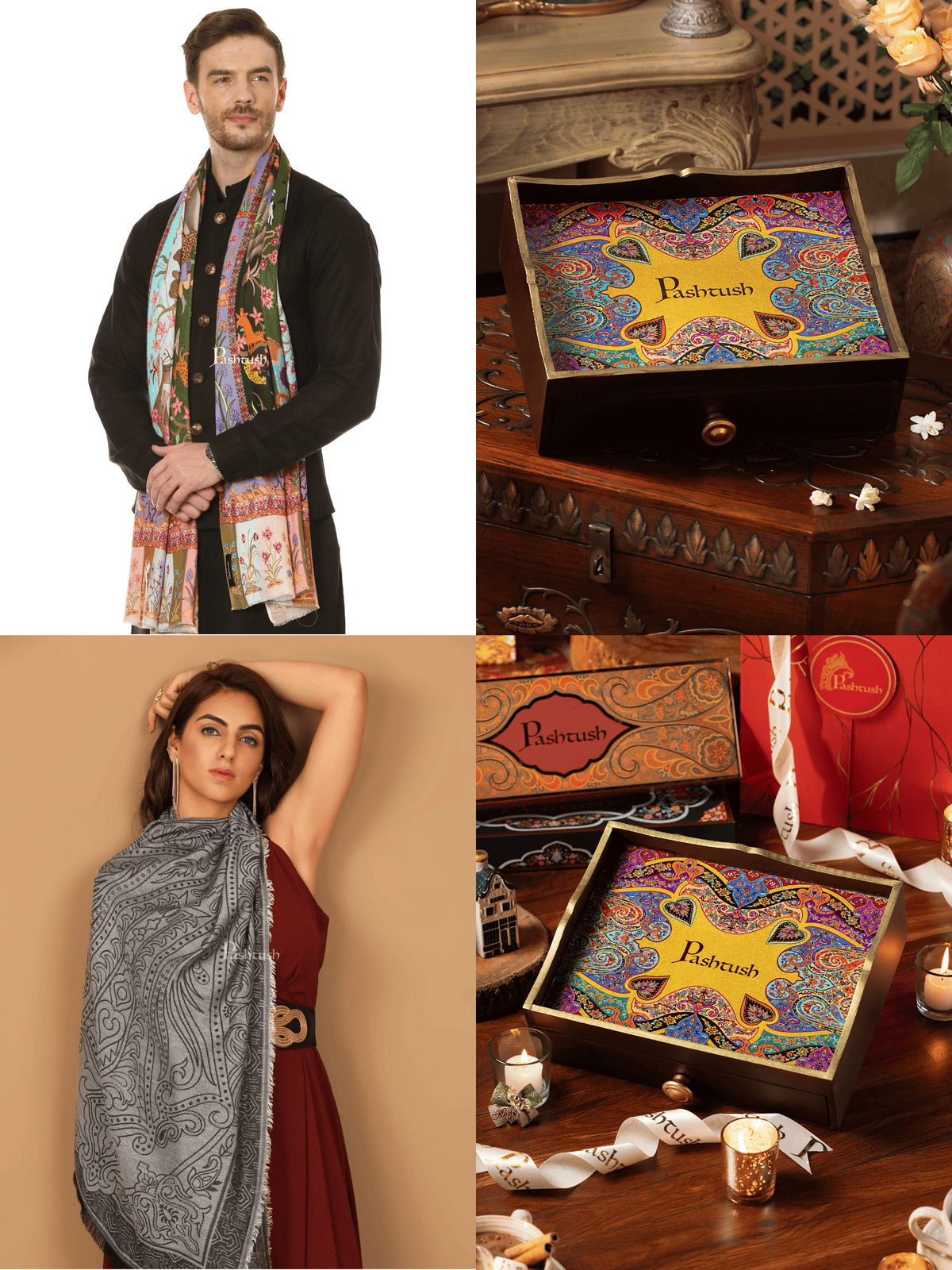 Pashtush India Gift Pack Pashtush His and Her Gift Set of Fine Wool Stole and Womens Bamboo Stole, Multicolour and Black, Packaged in Keepsake Wooden Chester Gift Box