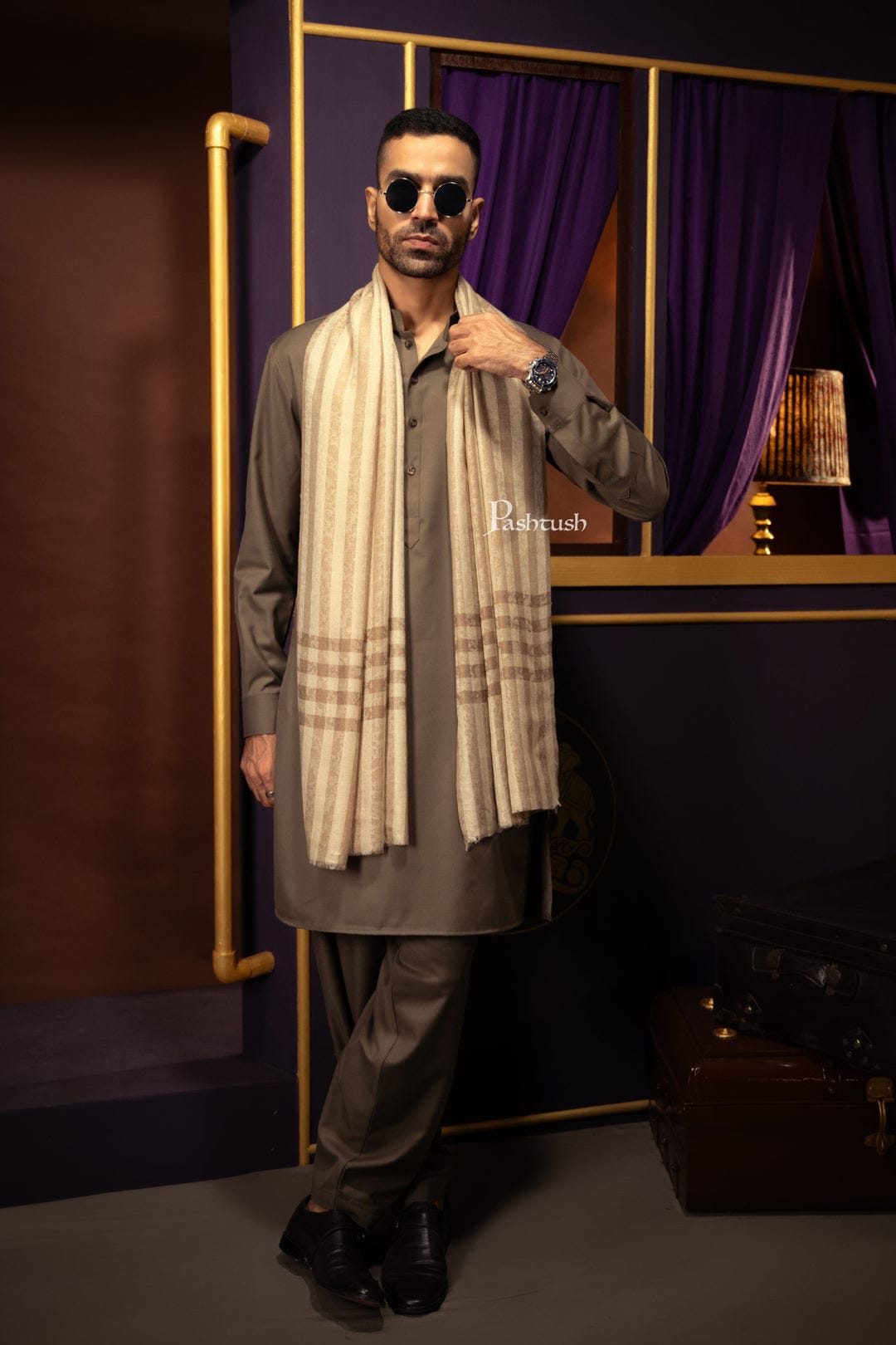 Pashtush India Gift Pack Pashtush His And Her Gift Set of Fine Wool Stoles, Premium Gift Box Packaging, Beige and Black