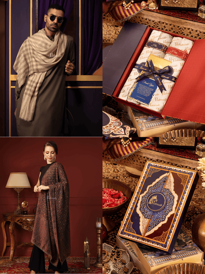 Pashtush India Gift Pack Pashtush His And Her Gift Set of Fine Wool Stoles, Premium Gift Box Packaging, Beige and Black