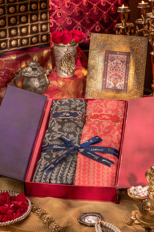 Pashtush India Gift Pack Pashtush His And Her Gift Set Of Floral Design Fine Wool Stoles With Premium Gift Box Packaging, Black and Red