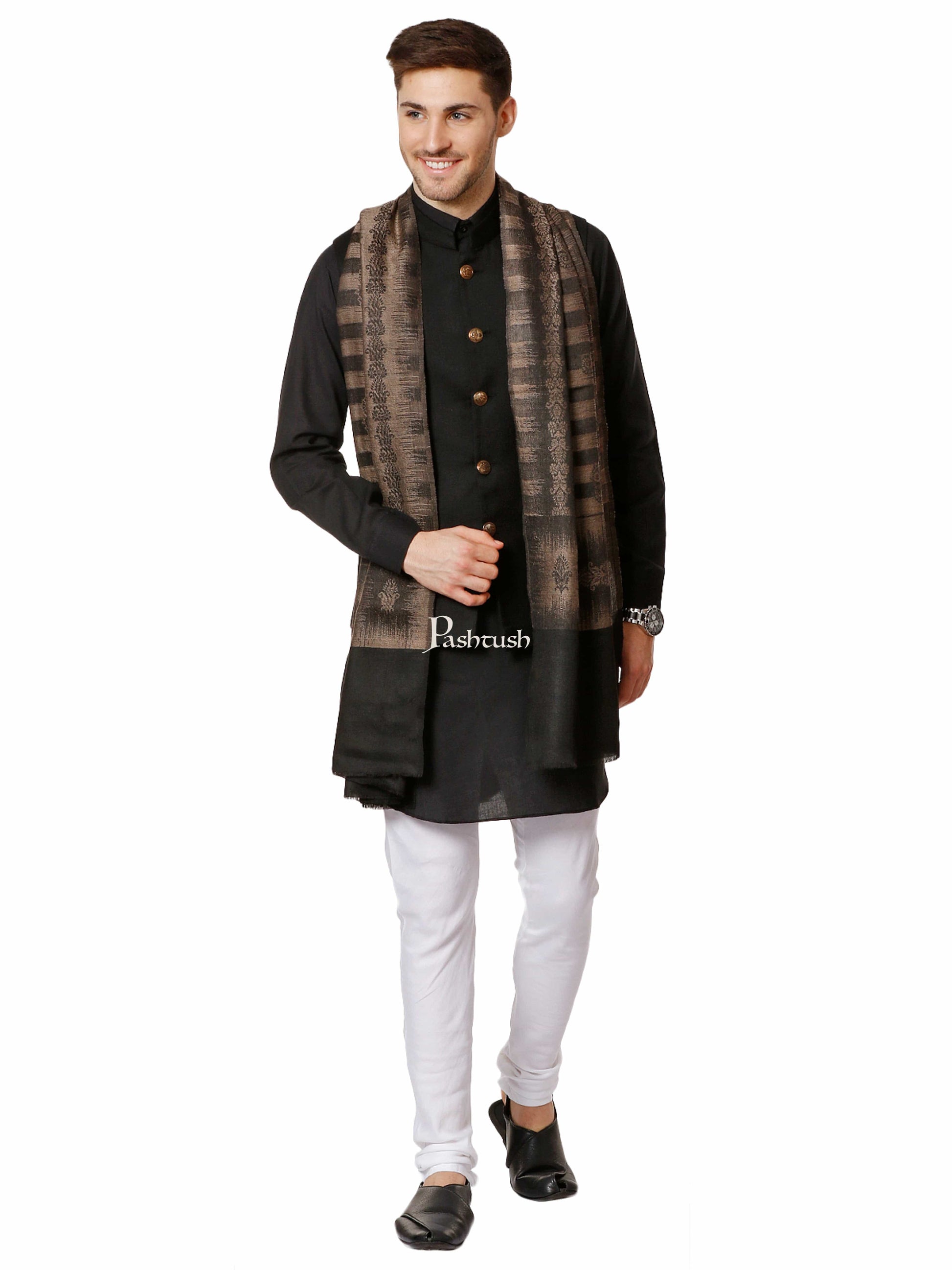 Pashtush India Gift Pack Pashtush His And Her Gift Set Of Ikkat Design Fine Wool Stoles With Premium Gift Box Packaging, Black and Maroon