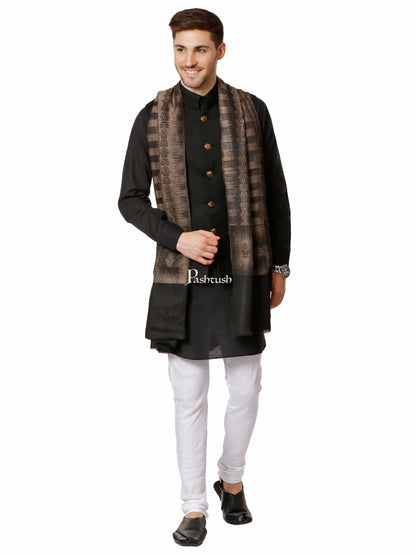 Pashtush India Gift Pack Pashtush His And Her Gift Set Of Ikkat Design Fine Wool Stoles With Premium Gift Box Packaging, Black and Maroon
