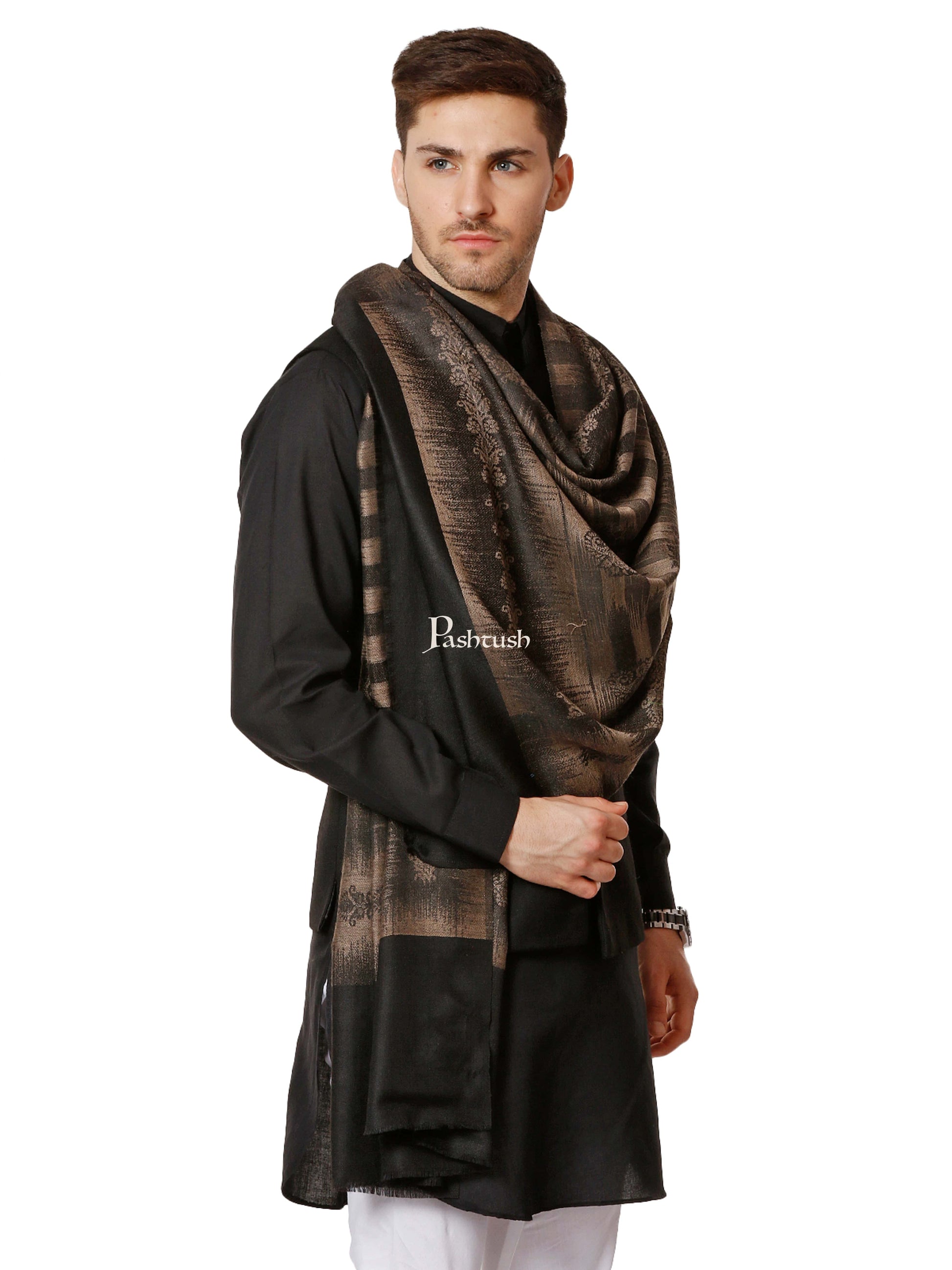 Pashtush India Gift Pack Pashtush His And Her Gift Set Of Ikkat Design Fine Wool Stoles With Premium Gift Box Packaging, Black and Maroon