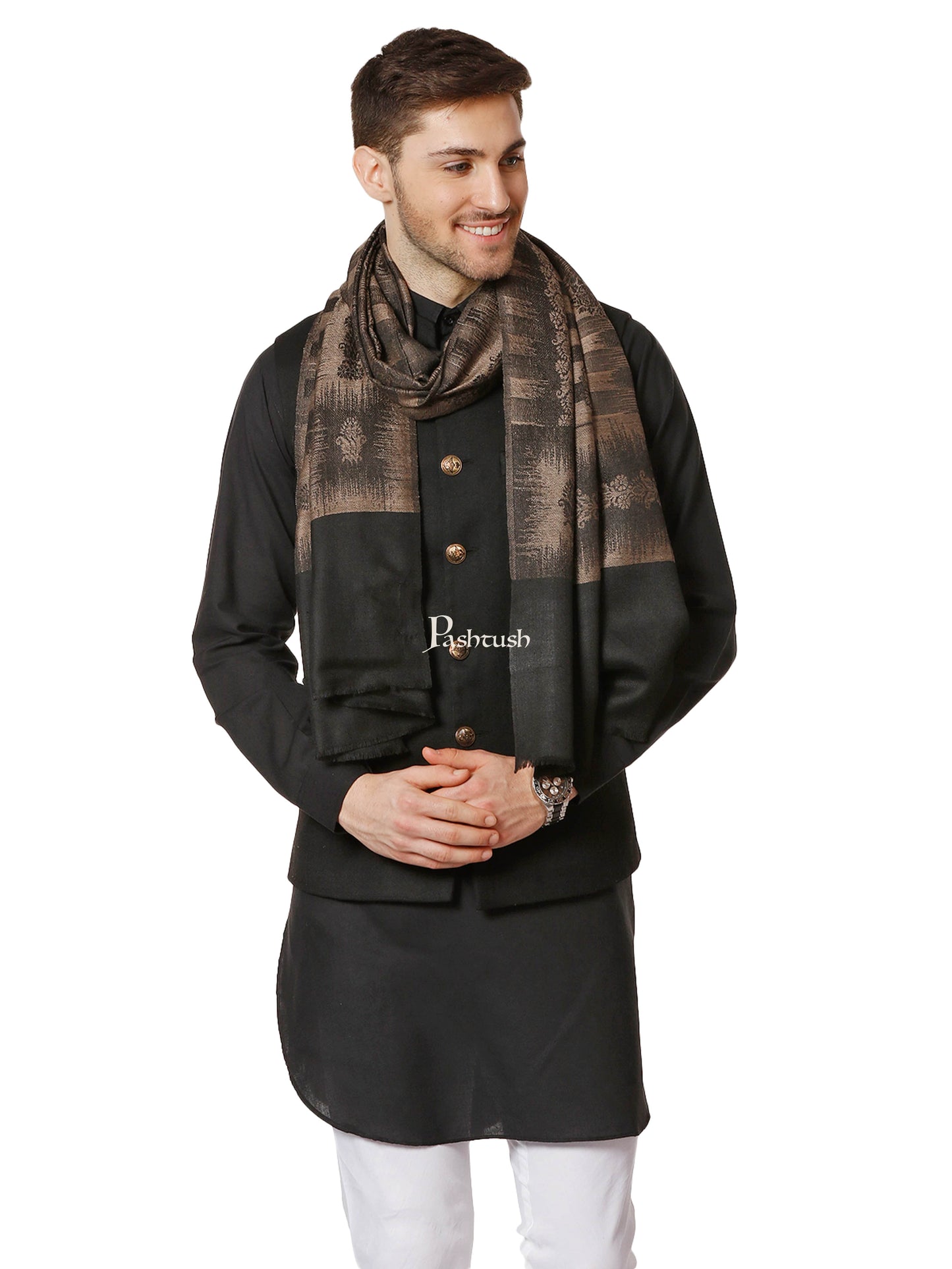 Pashtush India Gift Pack Pashtush His And Her Gift Set Of Ikkat Design Fine Wool Stoles With Premium Gift Box Packaging, Black and Maroon