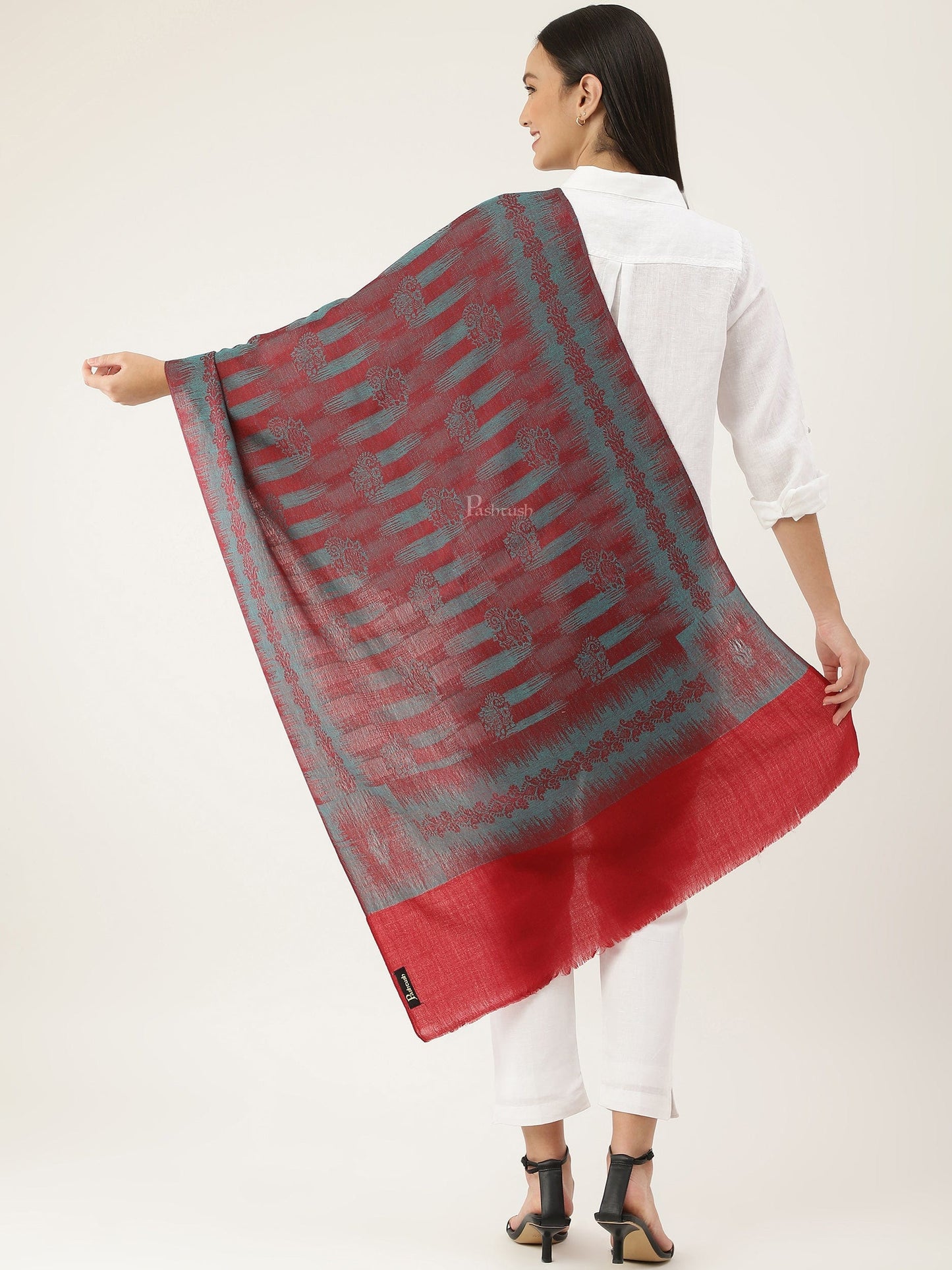 Pashtush India Gift Pack Pashtush His And Her Gift Set Of Ikkat Design Fine Wool Stoles With Premium Gift Box Packaging, Black and Maroon