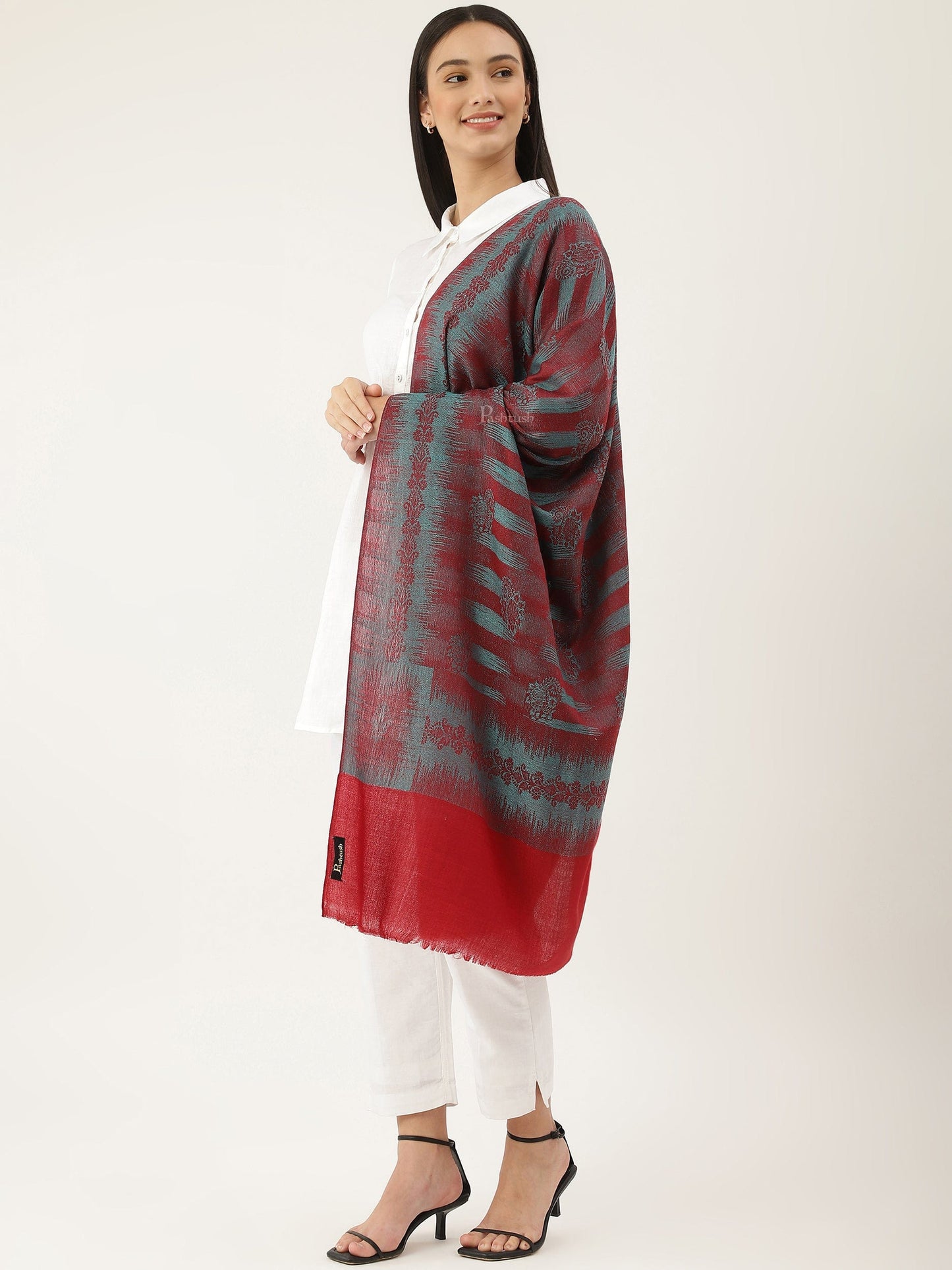 Pashtush India Gift Pack Pashtush His And Her Gift Set Of Ikkat Design Fine Wool Stoles With Premium Gift Box Packaging, Black and Maroon