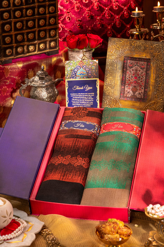 Pashtush India Gift Pack Pashtush His And Her Gift Set Of Ikkat Design Stoles With Premium Gift Box Packaging, Orange and Green