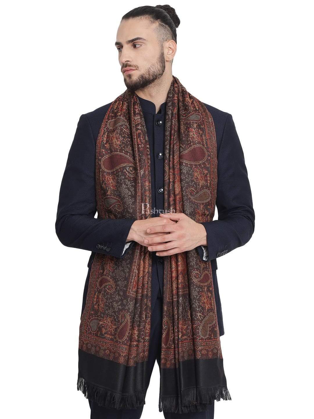 Pashtush India Gift Pack Pashtush His And Her Gift Set of Jamawar Mens Stole and Womens Shawl, Premium Gift Box Packaging, Black and Coffee