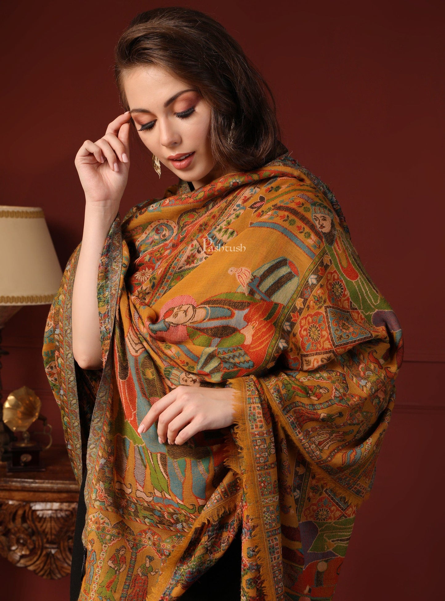 Pashtush India Gift Pack Pashtush His And Her Gift Set Of Kingri Hand Embroidery Shawl And Pure Wool Darbar Shawl With Wooden Chester Box, Beige and Multicolour