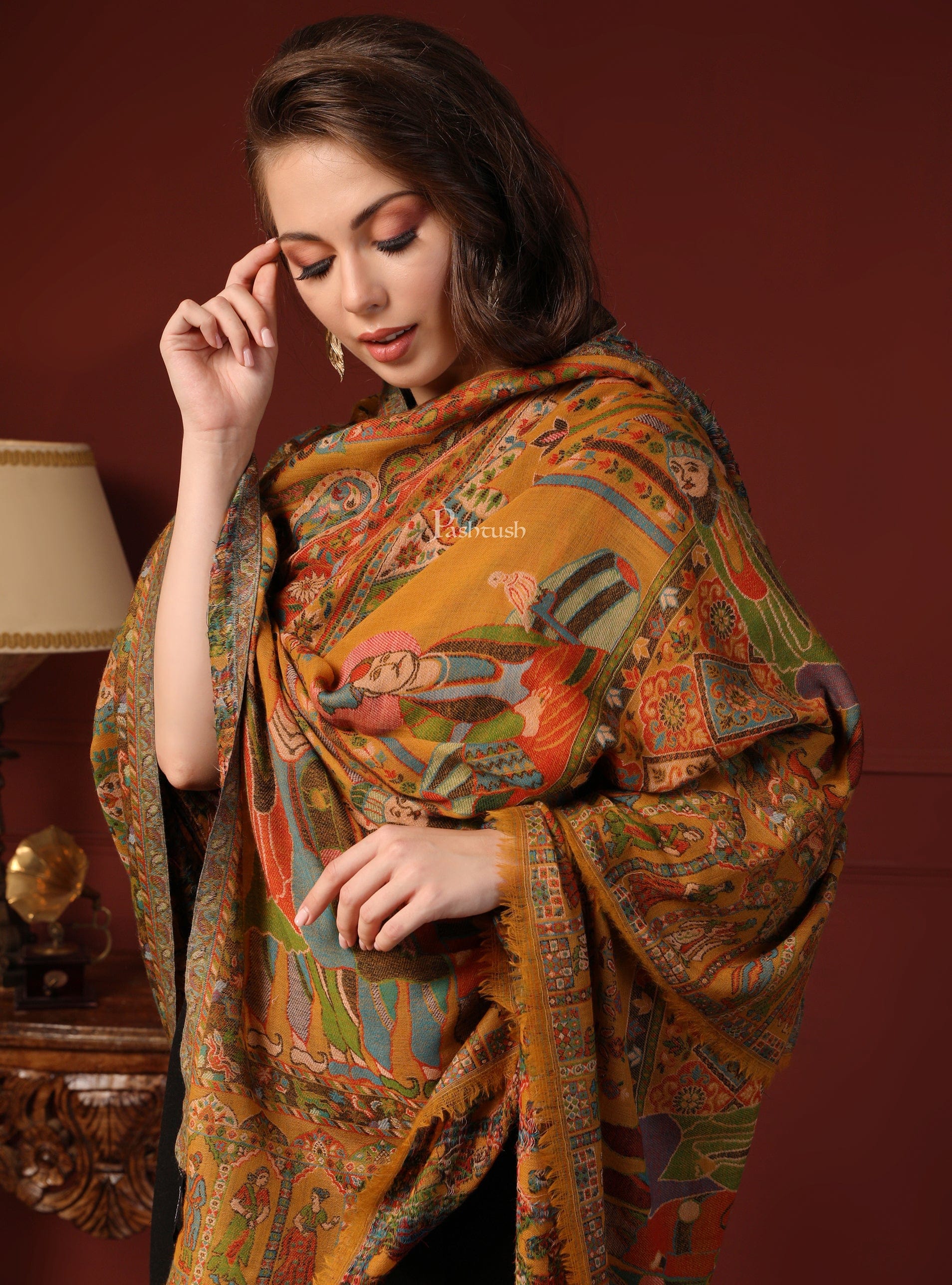 Pashtush India Gift Pack Pashtush His And Her Gift Set Of Kingri Hand Embroidery Shawl And Pure Wool Darbar Shawl With Wooden Chester Box, Beige and Multicolour