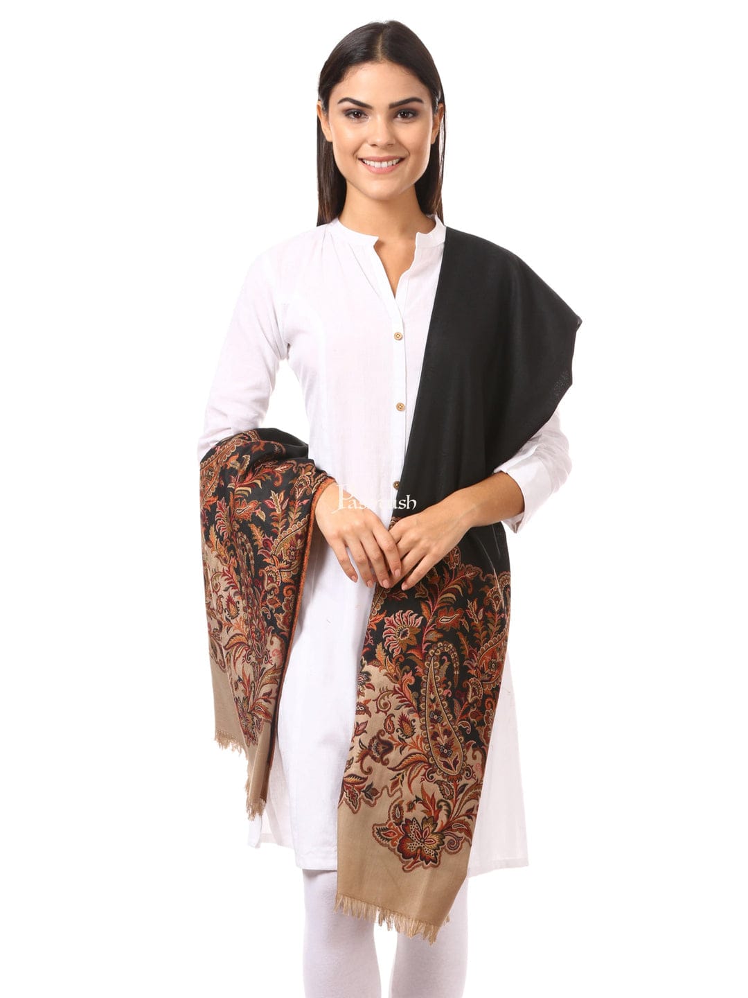 Pashtush India Gift Pack Pashtush His And Her Gift Set of Mens 100% Pure Wool Lohi and Womens Jacquard Palla Shawl, Premium Gift Box Packaging, Beige and Black