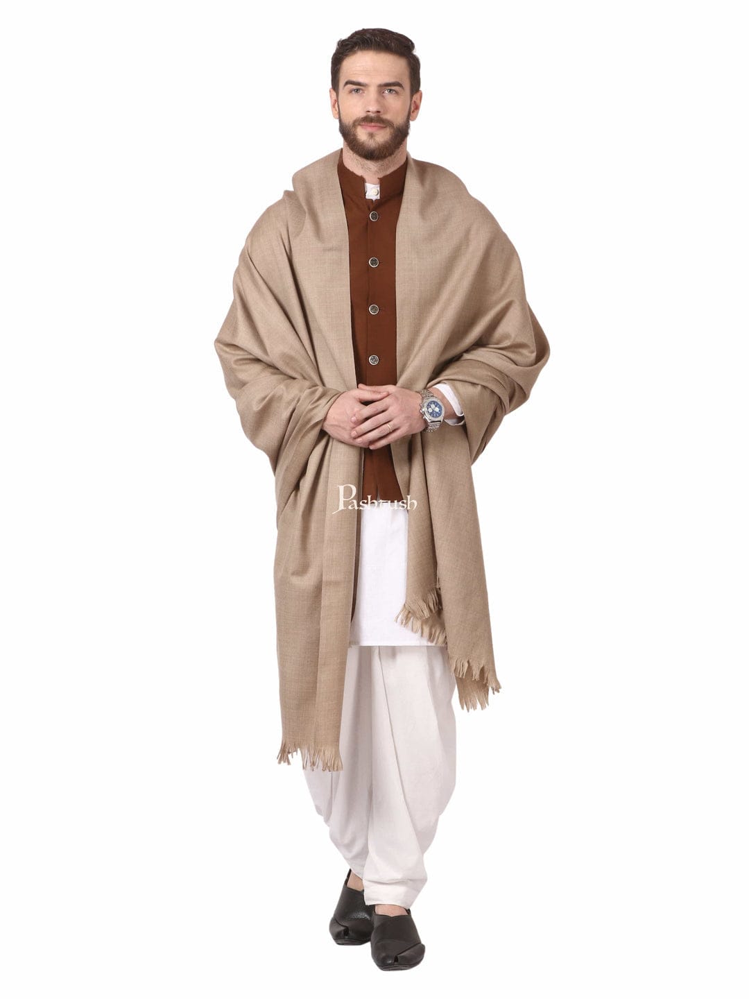 Pashtush India Gift Pack Pashtush His And Her Gift Set of Mens 100% Pure Wool Lohi and Womens Jacquard Palla Shawl, Premium Gift Box Packaging, Beige and Black