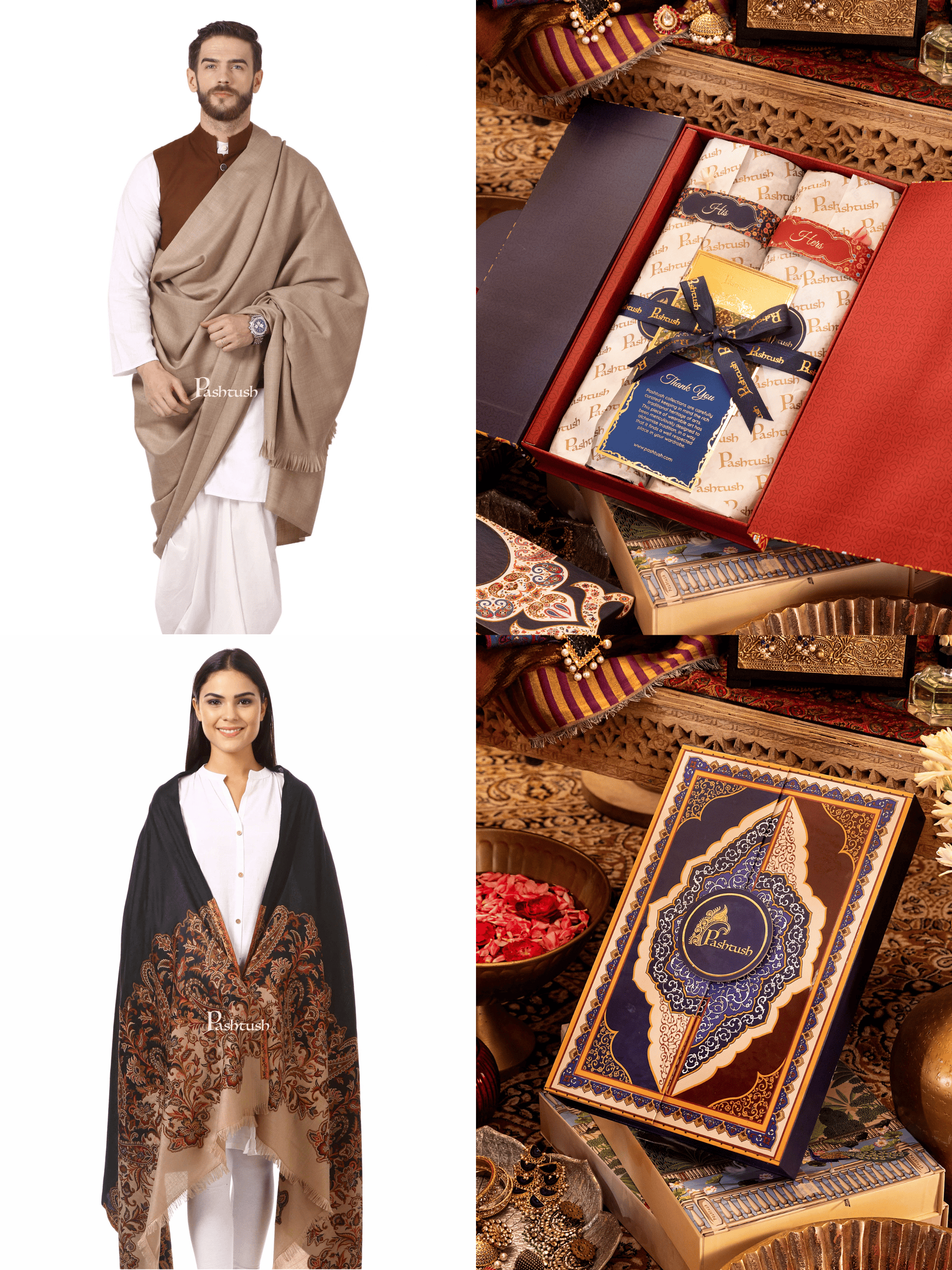 Pashtush India Gift Pack Pashtush His And Her Gift Set of Mens 100% Pure Wool Lohi and Womens Jacquard Palla Shawl, Premium Gift Box Packaging, Beige and Black