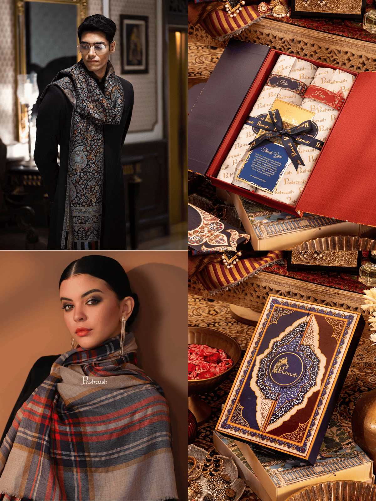 Pashtush India Gift Pack Pashtush His And Her Gift Set of Mens Bamboo Stole and Womens Cashmere Stole, Premium Gift Box Packaging, Multicolour