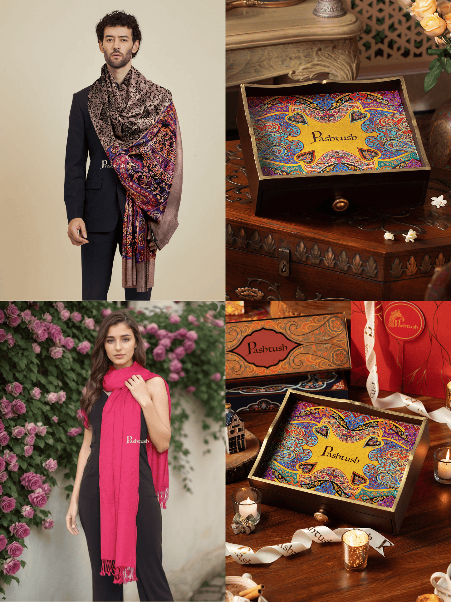 Pashtush India Gift Pack Pashtush His and Her Gift Set of Mens Bamboo Stole and Womens Fine Wool Stole, Multicoloured and Neo Pink, Packaged in Keepsake Wooden Chester Gift Box