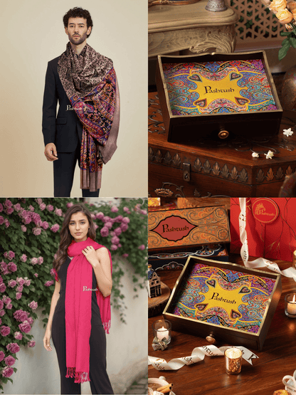 Pashtush India Gift Pack Pashtush His and Her Gift Set of Mens Bamboo Stole and Womens Fine Wool Stole, Multicoloured and Neo Pink, Packaged in Keepsake Wooden Chester Gift Box