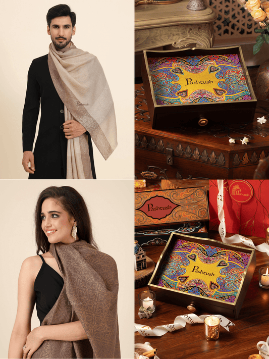 Pashtush India Gift Pack Pashtush His and Her Gift Set of Mens Extra Fine Wool Stole and Womens Twilight Shawl, Beige, Packaged in Keepsake Wooden Chester Gift Box