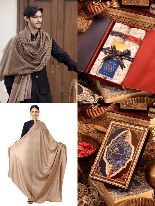 Pashtush India Gift Pack Pashtush His And Her Gift Set of Mens Fine Reversible Stole and Womens Extra Fine Wool Shawl, Premium Gift Box Packaging, Coffee and Taupe