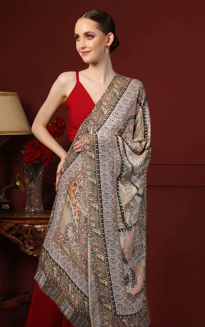 Pashtush India Gift Pack Pashtush His and Her Gift Set of Mens Fine Wool Shawl and Womens Bamboo Stole, Beige and Multicoloured, Packaged in Keepsake Wooden Chester Gift Box