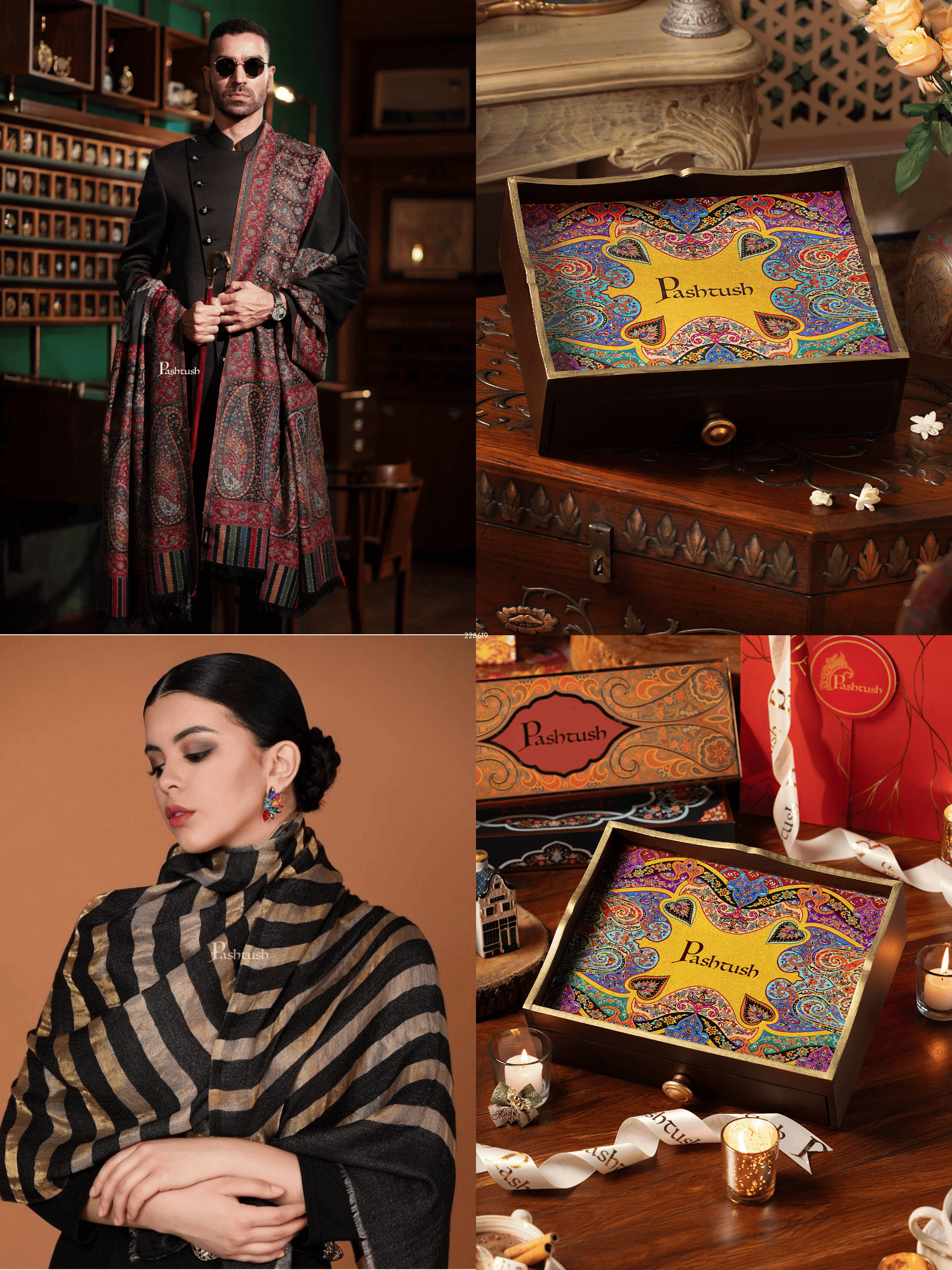 Pashtush India Gift Pack Pashtush His and Her Gift Set of Mens Fine Wool Shawl and Womens Twilight Stole, Black, Packaged in Keepsake Wooden Chester Gift Box