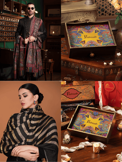 Pashtush India Gift Pack Pashtush His and Her Gift Set of Mens Fine Wool Shawl and Womens Twilight Stole, Black, Packaged in Keepsake Wooden Chester Gift Box