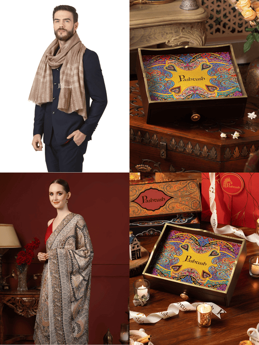 Pashtush India Gift Pack Pashtush His and Her Gift Set of Mens Fine Wool Stole and Womens Bamboo Stole, Beige and Multicoloured, Packaged in Keepsake Wooden Chester Gift Box