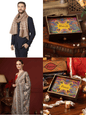 Pashtush India Gift Pack Pashtush His and Her Gift Set of Mens Fine Wool Stole and Womens Bamboo Stole, Beige and Multicoloured, Packaged in Keepsake Wooden Chester Gift Box