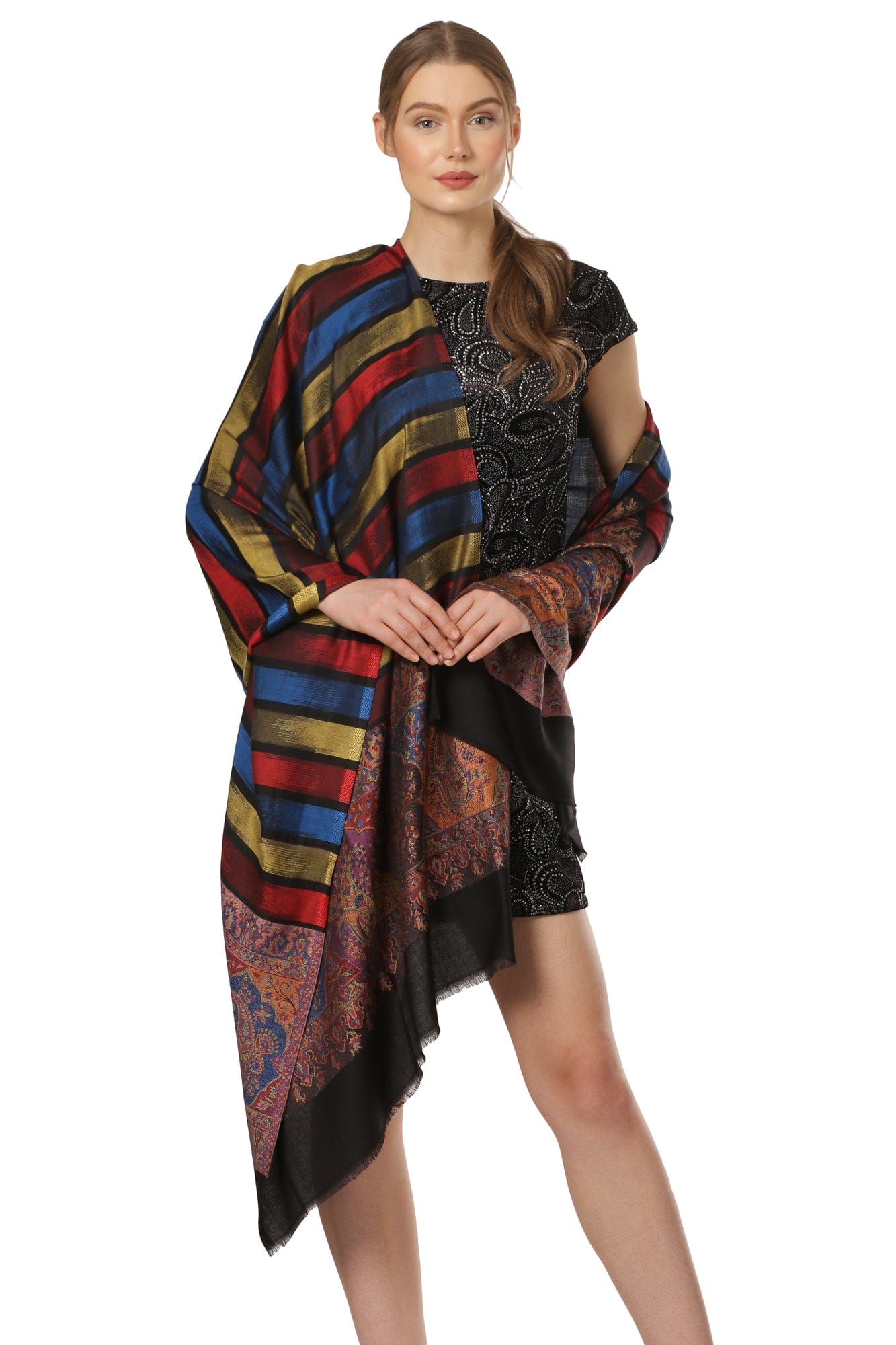 Pashtush India Gift Pack Pashtush His and Her Gift Set of Mens Fine Wool Stole and Womens Bamboo Stole, Black and Multicoloured, Packaged in Keepsake Wooden Chester Gift Box