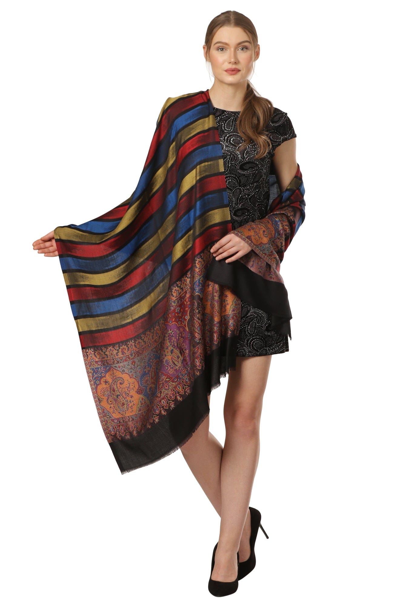 Pashtush India Gift Pack Pashtush His and Her Gift Set of Mens Fine Wool Stole and Womens Bamboo Stole, Black and Multicoloured, Packaged in Keepsake Wooden Chester Gift Box