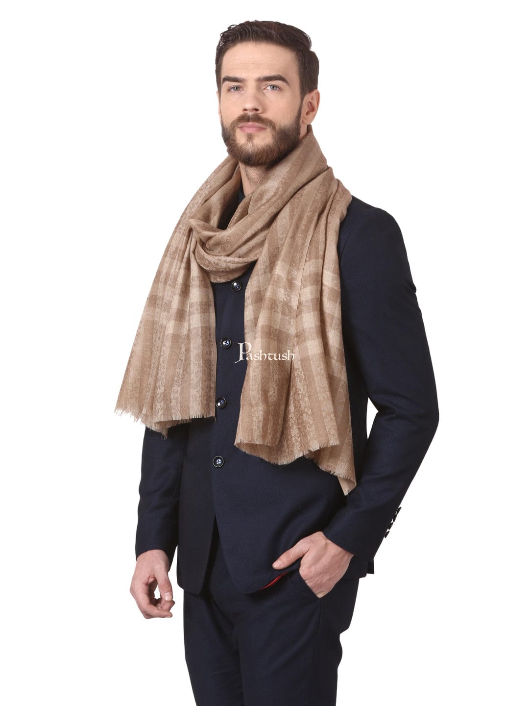 Pashtush India Gift Pack Pashtush His And Her Gift Set of Mens Fine Wool Stole and Womens Jamawar Shawl, Premium Gift Box Packaging, Taupe and Blue