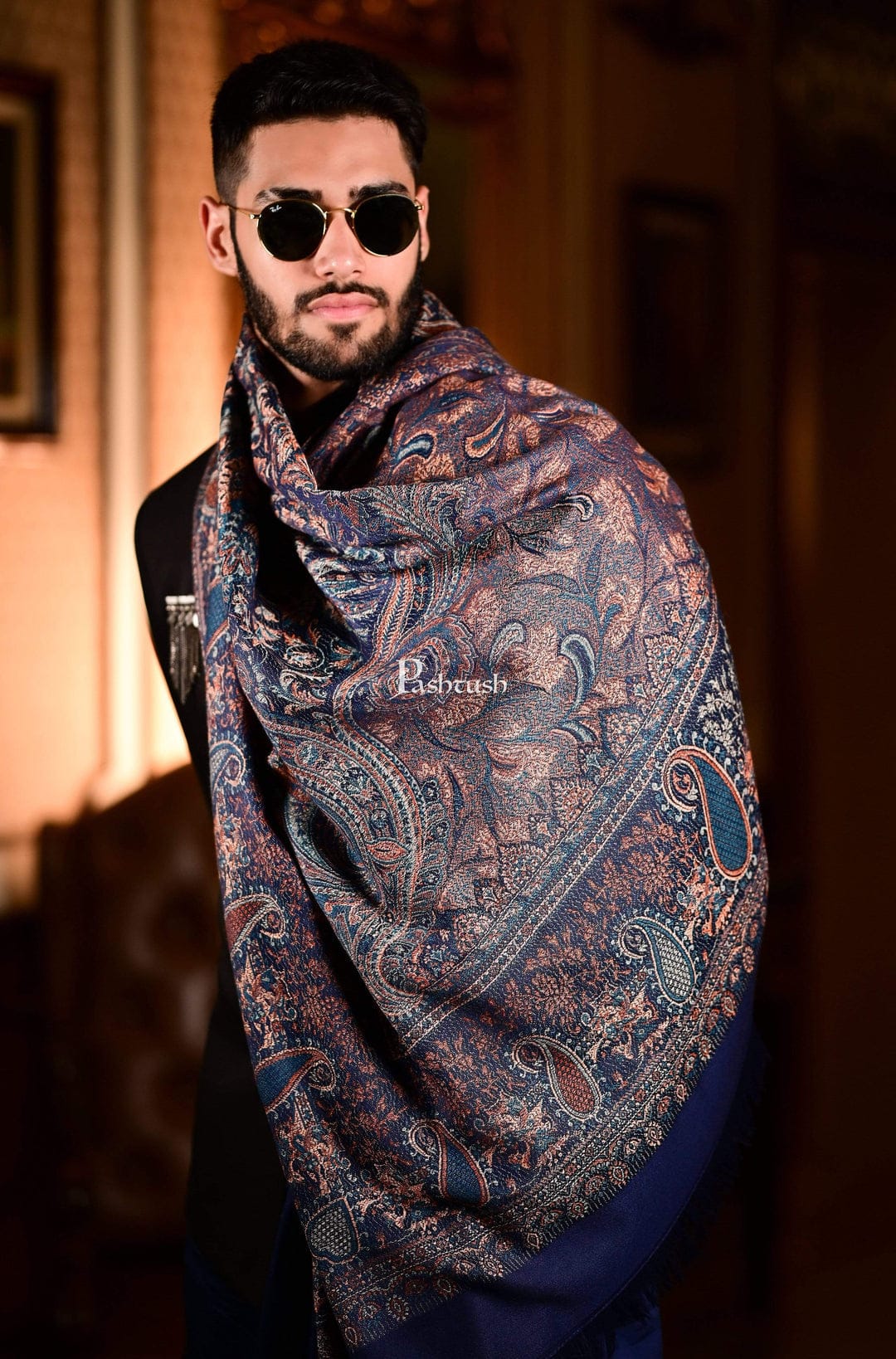 Pashtush India Gift Pack Pashtush His and Her Gift Set of Mens Jamawar Stole and Womens Bamboo Stole, Navy Blue and Multicoloured, Packaged in Keepsake Wooden Chester Gift Box