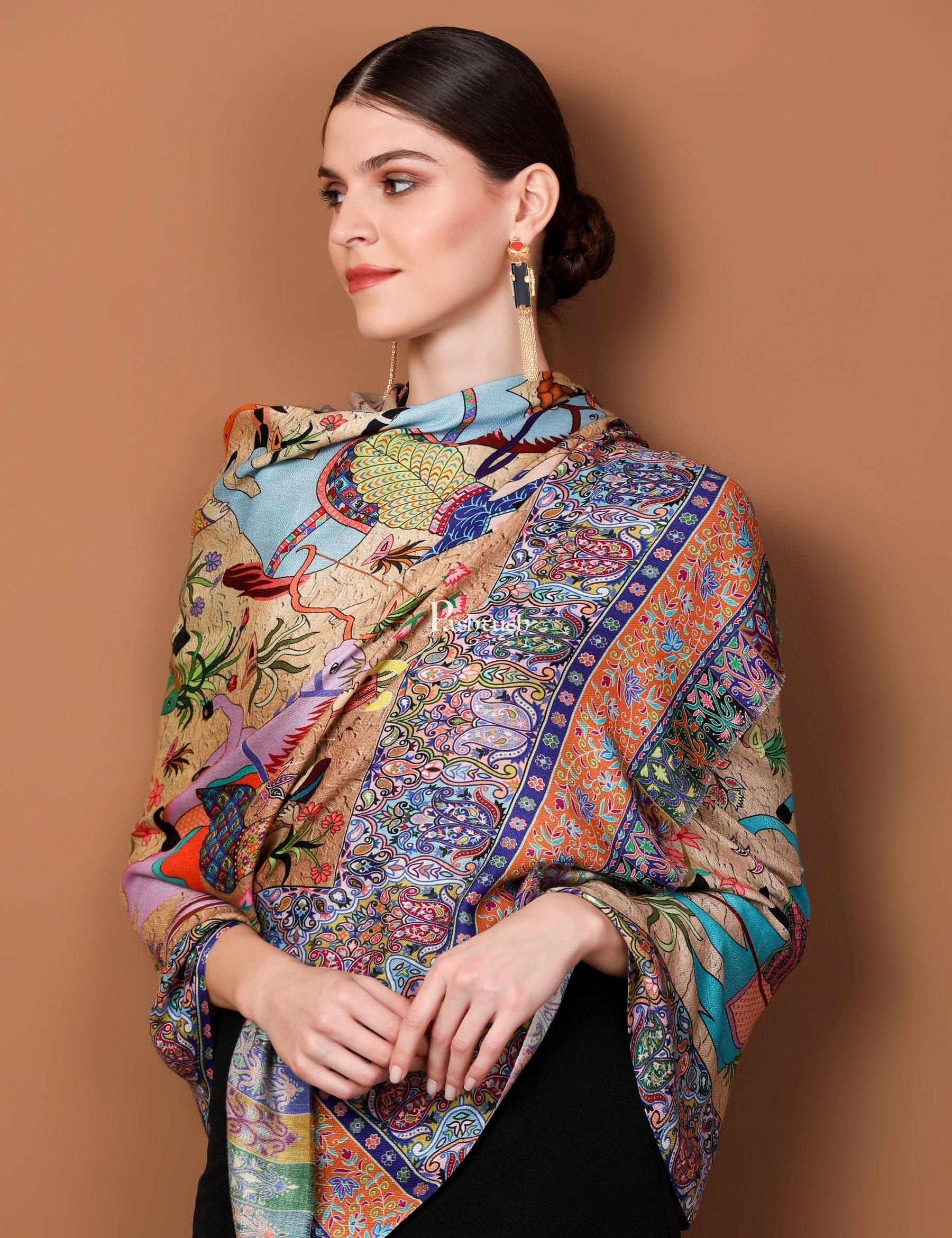 Pashtush India Gift Pack Pashtush His and Her Gift Set of Mens Jamawar Stole and Womens Bamboo Stole, Navy Blue and Multicoloured, Packaged in Keepsake Wooden Chester Gift Box