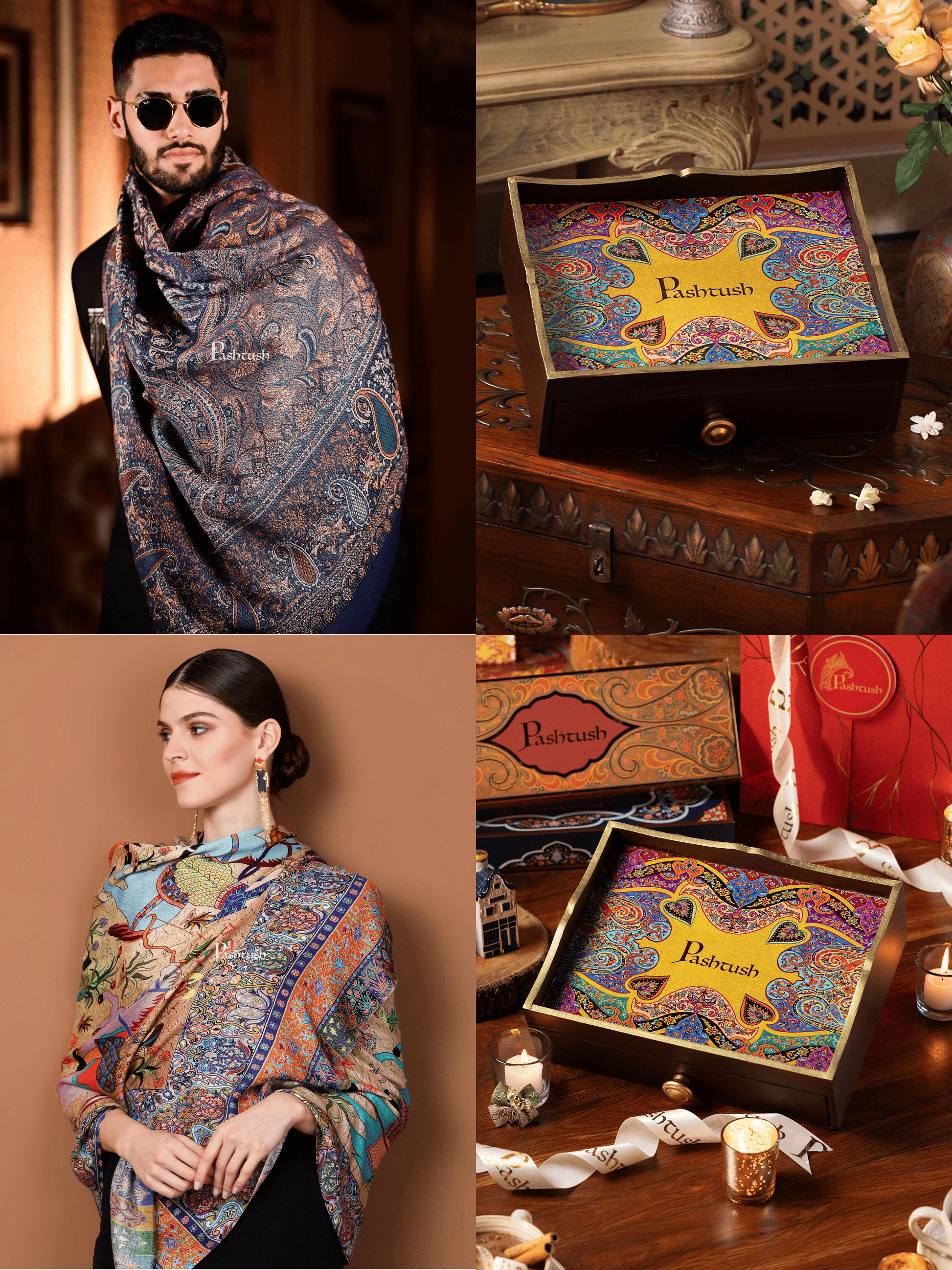 Pashtush India Gift Pack Pashtush His and Her Gift Set of Mens Jamawar Stole and Womens Bamboo Stole, Navy Blue and Multicoloured, Packaged in Keepsake Wooden Chester Gift Box