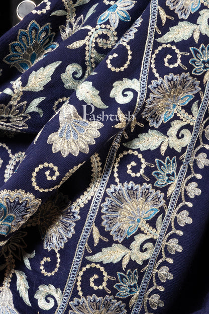 Pashtush India Gift Pack Pashtush His and Her Gift Set of Mens Silk Wool Embroidery Stole and Womens Pure Cashmere Stole, Navy Blue and Ombre, Packaged in Keepsake Wooden Chester Gift Box